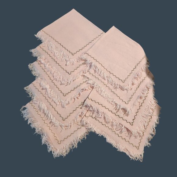 Vintage Pink Linen Napkins With Gold Embroidered Trim & Fringe - Set Of 9 - Picture 4 of 8